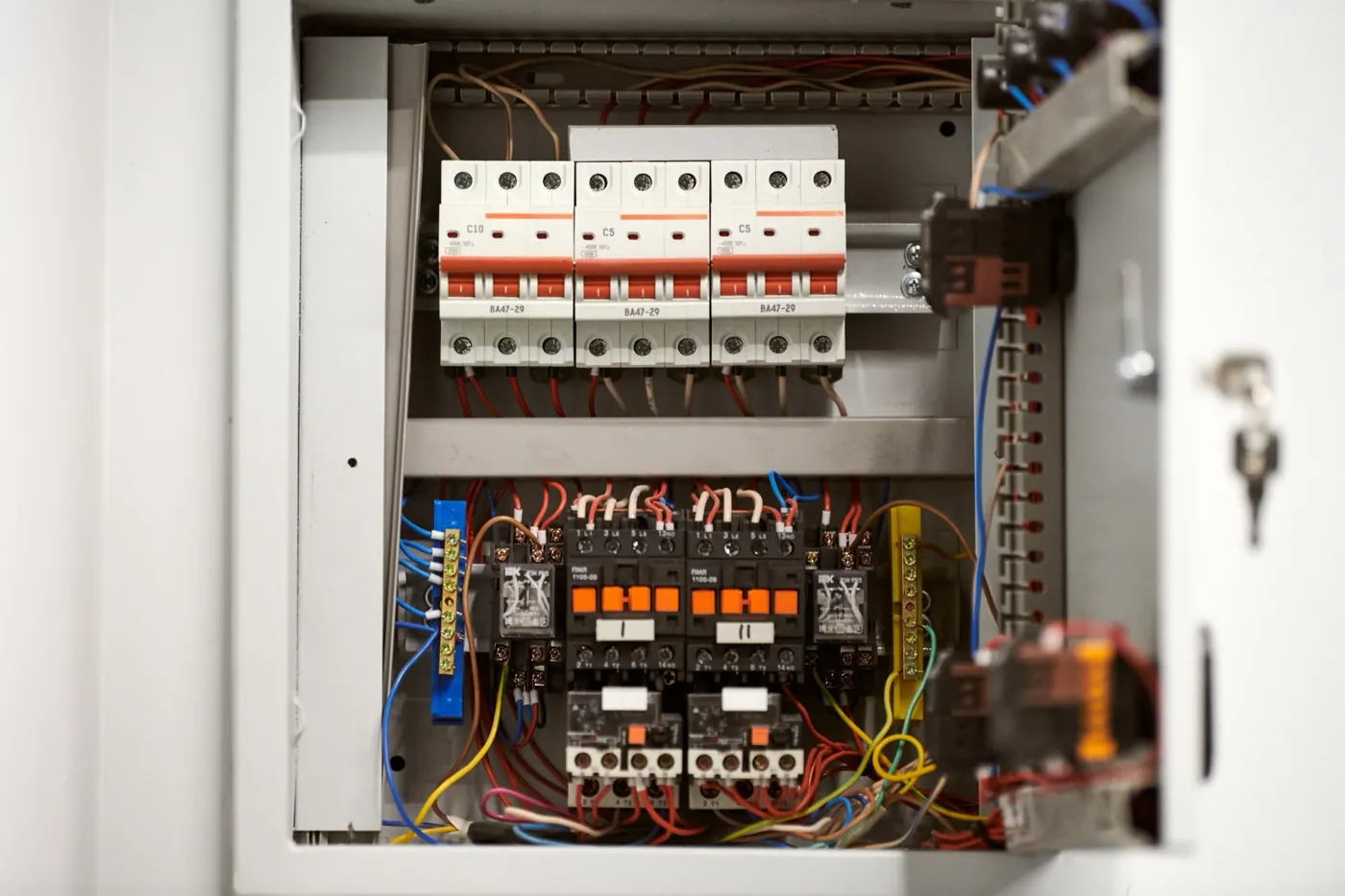 Circuit breakers and wiring inside an electrical enclosure