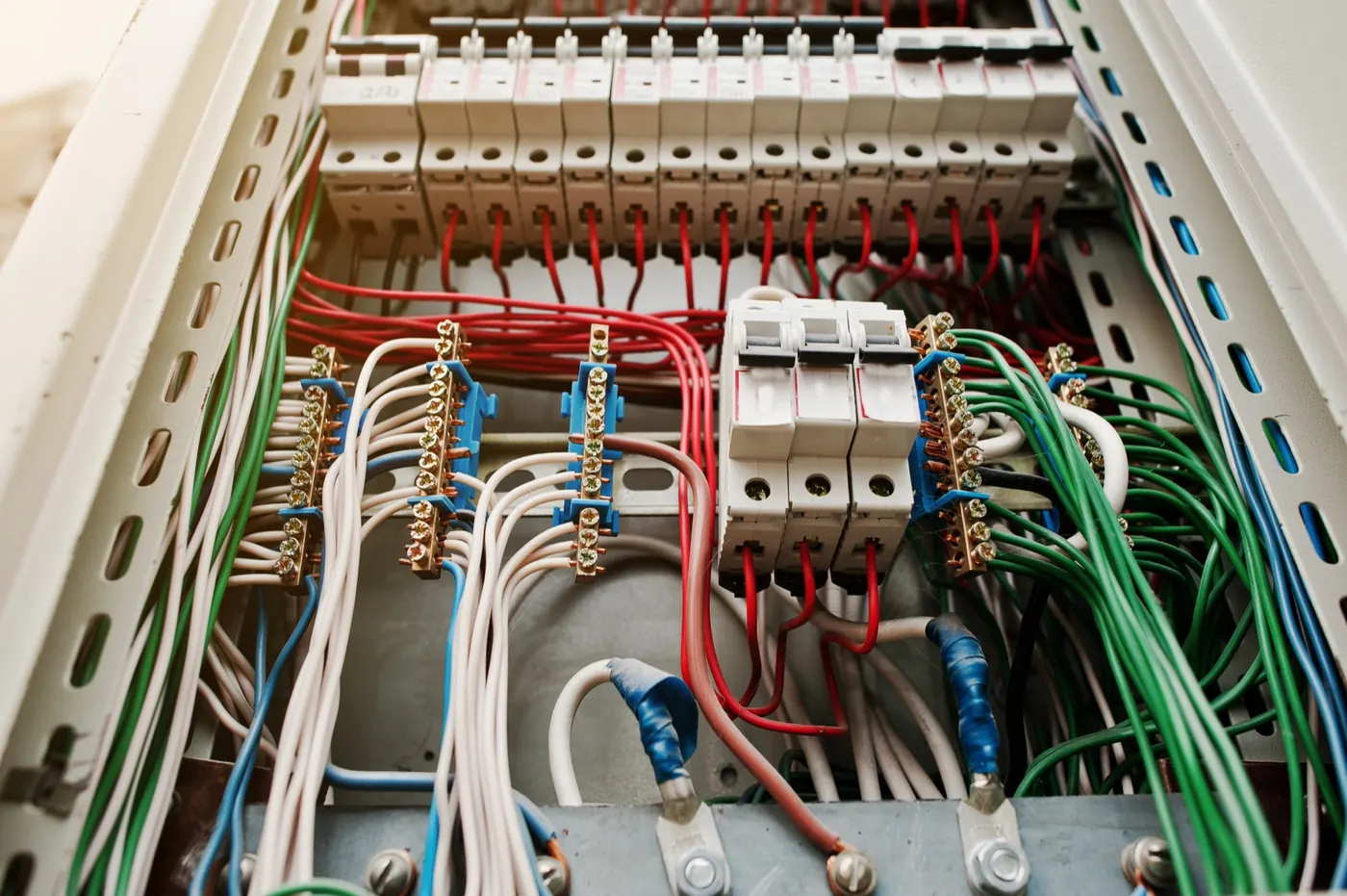Electrical wiring and control components inside a panel