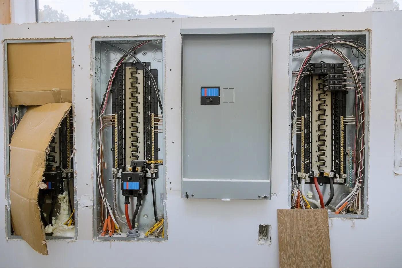 Electrical panels and wiring during construction