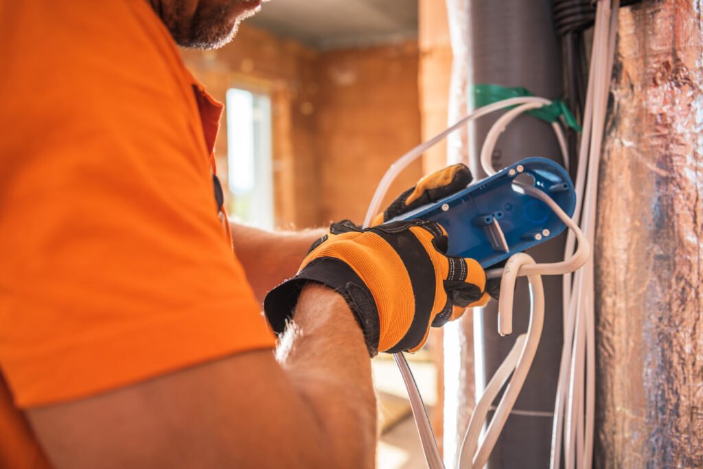 Electrician in His 40s Preparing Electric Outlet Inside Concrete Bricks Commercial Building. Construction Industry Theme.